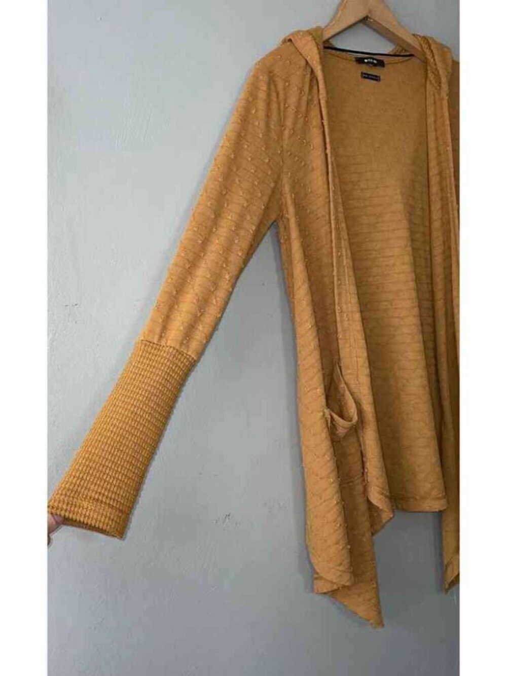 Mustard Yellow Textured Hooded Waterfall Open Cardigan Waffle Cuffs Pockets - Picture 3 of 5